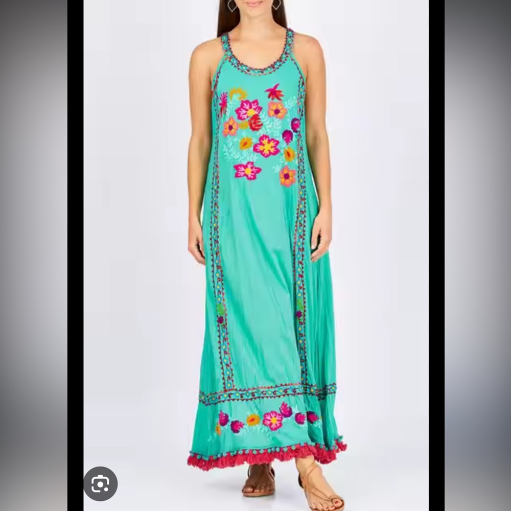 Embroidered Floral Maxi Dress - Teal